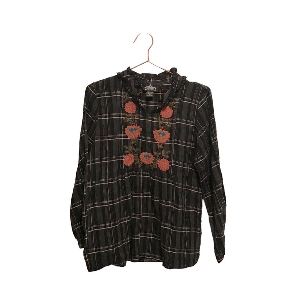 ANGIE peasant flannel long sleeved top size large floral embroidered